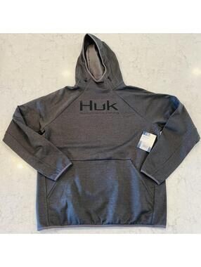 Huk Fin Hoodie Sweatshirt High Neck NWT Iron Heather Gray Large